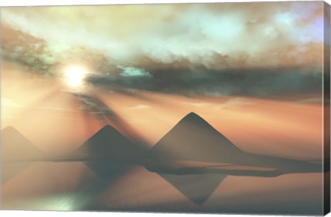 Framed Sunrays shine down on three pyramids along the Nile River on the Giza Plateau Print