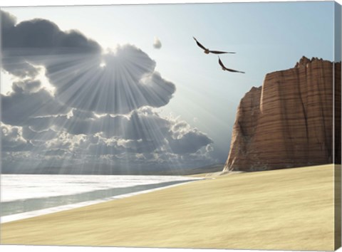 Framed Sunlight shines down on two birds flying near a cliff by the ocean Print