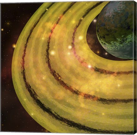 Framed golden ring system encircles this planet out in the galaxy Print