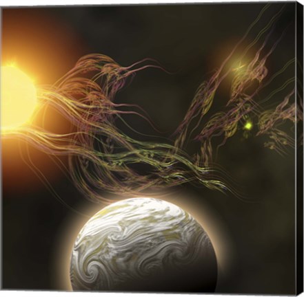 Framed huge sun radiates solar flares toward a nearby planet Print