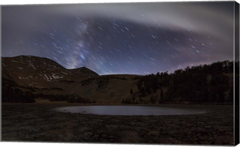 Framed Star trails and the blurred band of the Milky Way above a lake in the Eastern Sierra Nevada Print