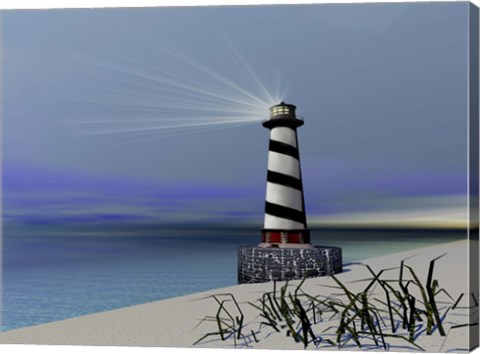 Framed lighthouse sends out a light to warn vessels Print