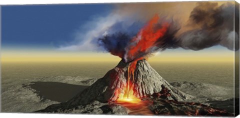 Framed active volcano belches smoke and molten red lava in an eruption Print