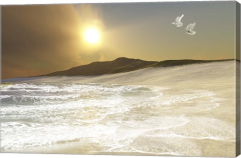 Framed Two white doves fly over waves coming to shore on a remote beach Print