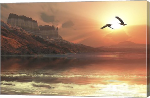 Framed Two Bald Eagles fly along a mountainous coastline at sunset Print