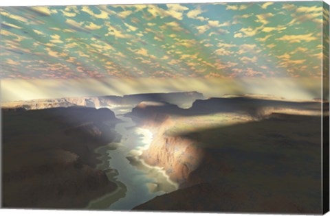 Framed Sunrays shine down on mist over a canyon river in a desert wilderness Print