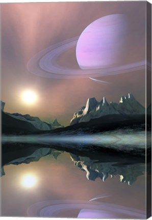 Framed planet Saturn lights up the sky of one of its moons called Titan Print