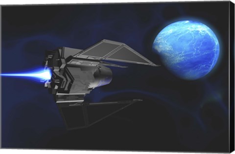 Framed small spacecraft from Earth reaches a water planet after many light years Print