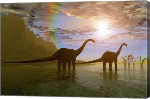 Framed Two Diplodocus dinosaurs wade through shallow water to eat some vegetation Print