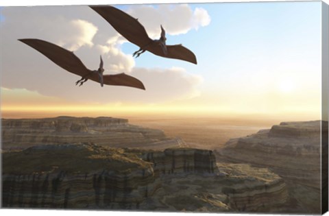 Framed Two Pterodactyl flying dinosaurs soar above a beautiful canyon Print