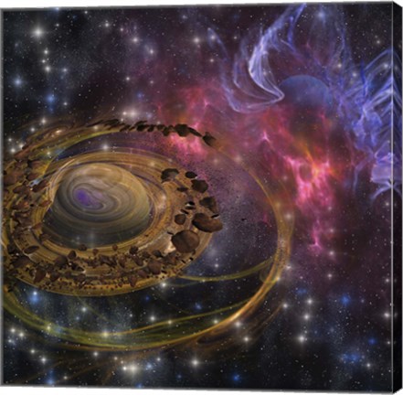 Framed Large rocks swirl around and form a planet in the cosmos Print