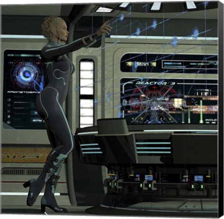 Framed young woman operating a holographic control center Print