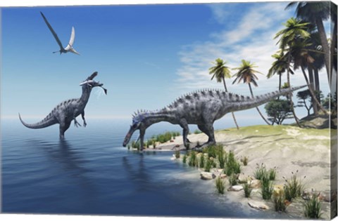 Framed Suchomimus dinosaurs feed on fish on the shoreline Print