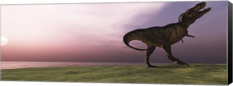 Framed Tyrannosaurus Rex dinosaur roars his defiance on an oceanside bluff Print