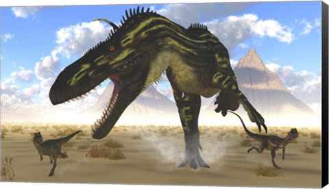 Framed gigantic Torvosaurus chasing two Dilophosaurus Print