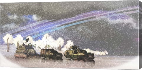 Framed military convoy in a sever winter storm on an alien planet Print