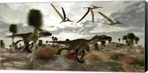 Framed Two Utahraptors hunt for prey as pterosaurs fly above Print