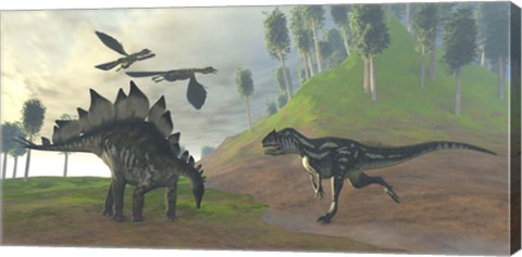 Framed Allosaurus attacks an unaware Stegosaurus dinosaur Print