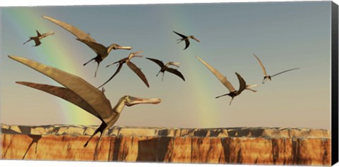 Framed flock of Pterodactyls fly out of a canyon Print