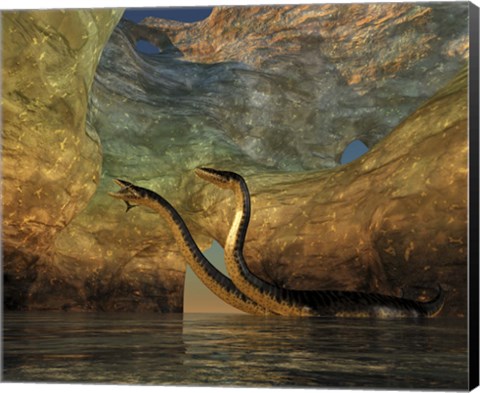 Framed Plesiosaurus captures a Eurhinosaurus marine reptile in a sea cave Print