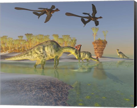 Framed Olorotitan eat duckweed in a large swamp as two Microraptors fly above Print