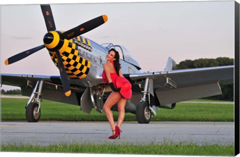 Framed Sexy 1940&#39;s style pin-up girl posing with a P-51 Mustang Print