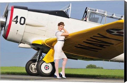 Framed 1940&#39;s style Navy pin-up girl leaning on the wing of a T-6 Texan Print