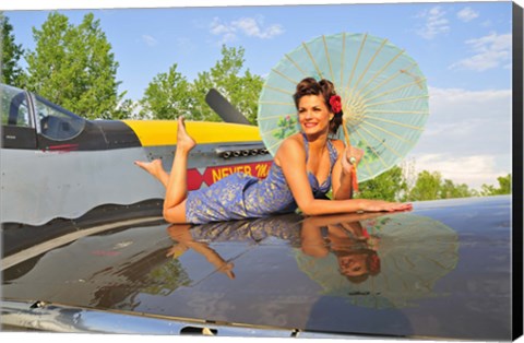 Framed 1940&#39;s style pin-up girl with parasol on a vintage P-51 Mustang Print