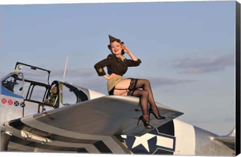 Framed Pin-up girl sitting on the wing of a P-51 Mustang Print
