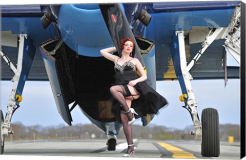 Framed 1940&#39;s style pin-up girl in cocktail dress posing in front of a TBM Avenger Print