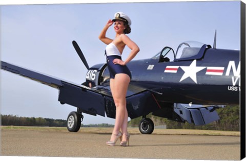 Framed 1940&#39;s Navy pin-up girl posing with a vintage Corsair aircraft Print