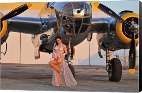 Framed Sexy 1940&#39;s pin-up girl in lingerie posing with a B-25 bomber Print