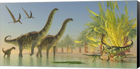 Framed Deinocheirus dinosaurs watch a group of Argentinosaurus walk through shallow waters Print