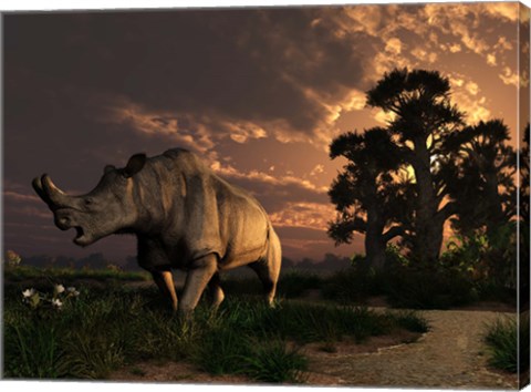 Framed Megacerops grazing a prehistoric landscape Print