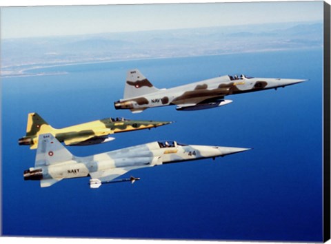 Framed Three F-5E Tiger II fighter aircraft in flight Print