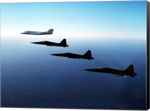 Framed Three F-5E Tiger IIs fly in formation with a Learjet 25 Print