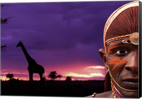 Framed Maasai Warrior with Sunset on the Serengeti, Kenya Print