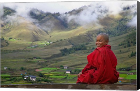 Framed Monk and Farmlands in the Phobjikha Valley, Gangtey Village, Bhutan Print