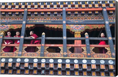 Framed Monks in the Kichu Lhakhang Dzong, Paro, Bhutan Print