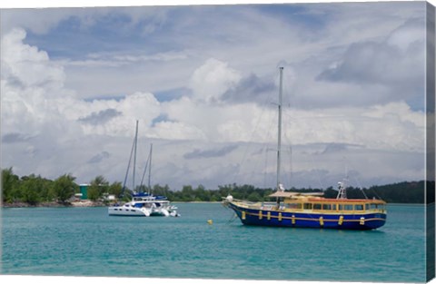 Framed Indian Ocean, Seychelles, Praslin, Sailboats Print