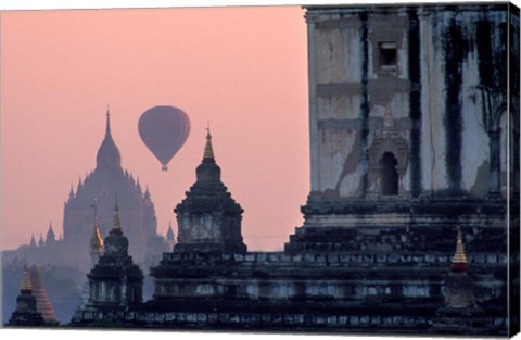 Framed Hot Air balloon over the temple complex of Pagan at dawn, Burma Print