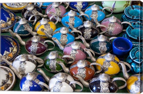 Framed Morocco, Casablanca, market, Ceramic tea pots Print