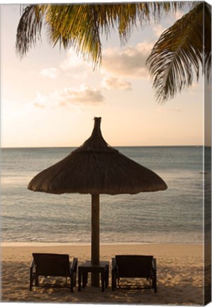 Framed Mauritius, Beach scene, umbrella, chairs, palm fronds Print