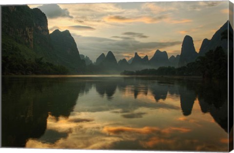 Framed Li River and karst peaks at sunrise, Guilin, China Print