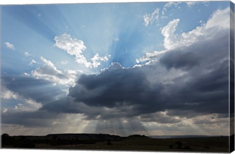 Framed Light beams  through clouds, Maasai Mara, Kenya Print