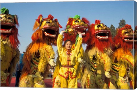 Framed Lion dance performance celebrating Chinese New Year Beijing China - MR Print