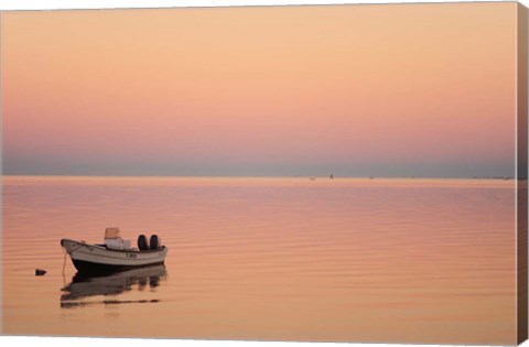 Framed Pink sunrise with small boat in the ocean, Ifaty, Tulear, Madagascar Print