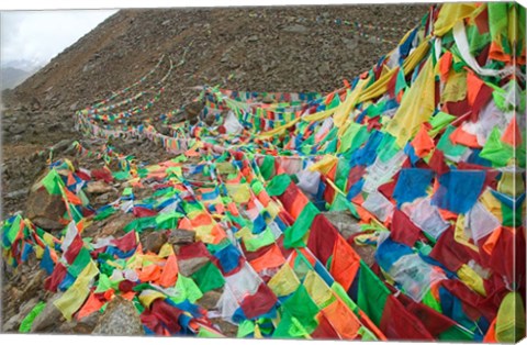 Framed Praying Flags with Mt. Quer Shan, Tibet-Sichuan, China Print