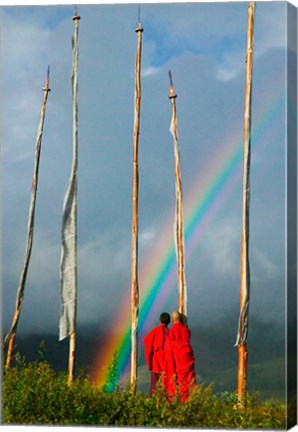 Framed Rainbow and Monks with Praying Flags, Phobjikha Valley, Gangtey Village, Bhutan Print