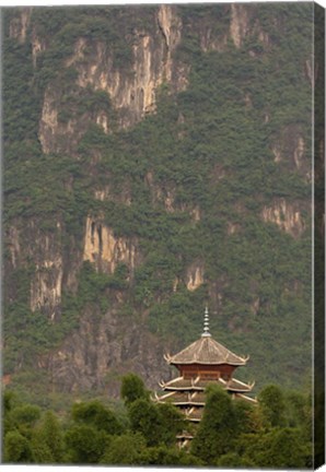 Framed Pagoda and giant karst peak behind, Yangshuo Bridge, China Print